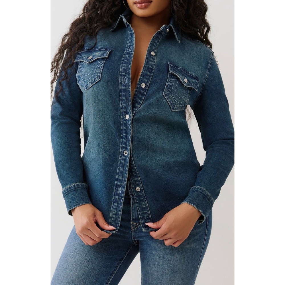 True‎ Religion Womens Denim Shirt Medium Wash Winged Logo Graphic XL Blue Denim